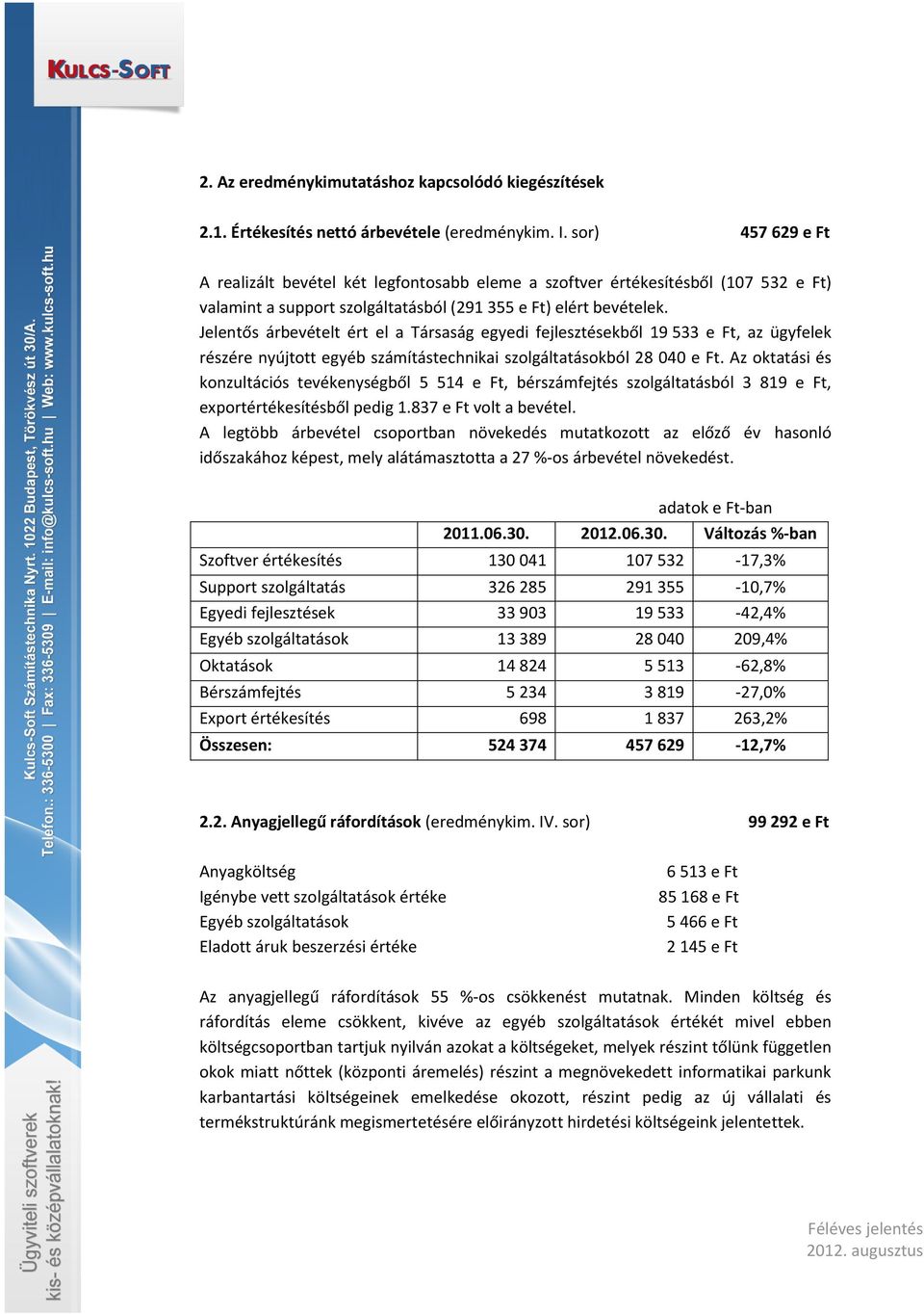 Jelentős árbevételt ért el a Társaság egyedi fejlesztésekből 19 533 e Ft, az ügyfelek részére nyújtott egyéb számítástechnikai szolgáltatásokból 28 040 e Ft.