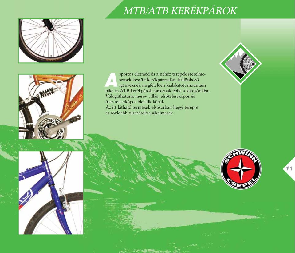Különbözõ igényeknek megfelelõen kialakított mountain bike és ATB kerékpárok tartoznak ebbe