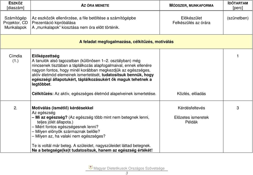 osztályban) még nincsenek tisztában a táplálkozás alapfogalmaival, ennek ellenére nagyon fontos, hogy minél korábban megkezdjük az egészséges, aktív életmód elemeinek ismertetését, tudatosítsuk