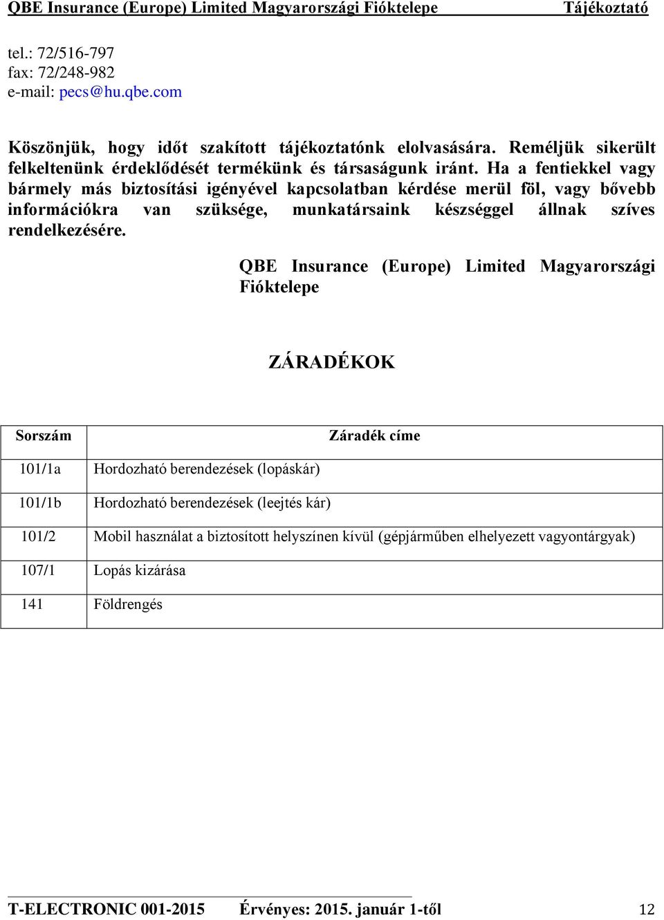 merül öl, vagy bővebb in ormációkra van szüksége, munkatársaink készséggel állnak szíves rendelkezésére QBE Insurance (Europe)