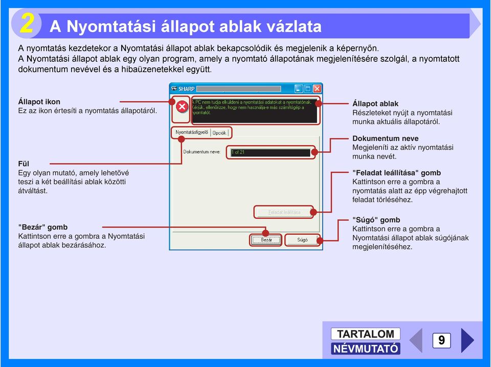 Állapot ikon Ez az ikon értesíti a nyomtatás állapotáról. Fül Egy olyan mutató, amely lehetõvé teszi a két beállítási ablak közötti átváltást.