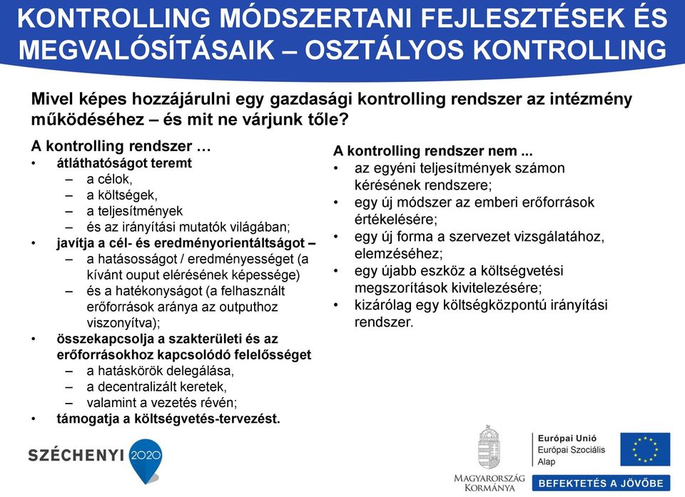 kívánt ouput elérésének képessége) és a hatékonyságot (a felhasznált erőforrások aránya az outputhoz viszonyítva); összekapcsolja a szakterületi és az erőforrásokhoz kapcsolódó felelősséget a