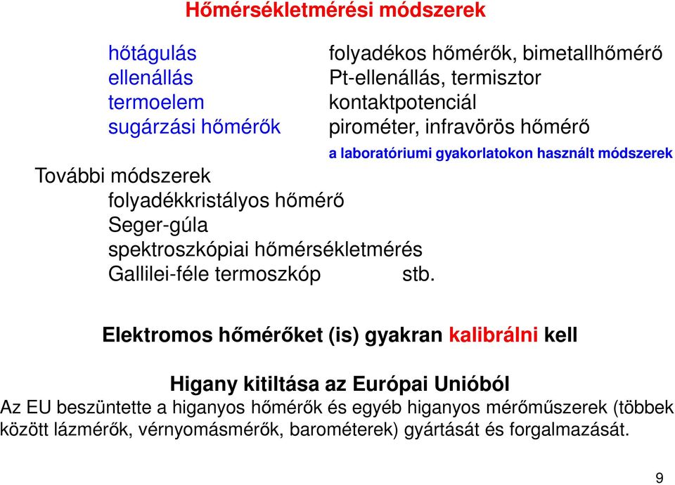 folyadékos hőmérők, bimetallhőmérő Pt-ellenállás, termisztor kontaktpotenciál pirométer, infravörös hőmérő a laboratóriumi gyakorlatokon használt