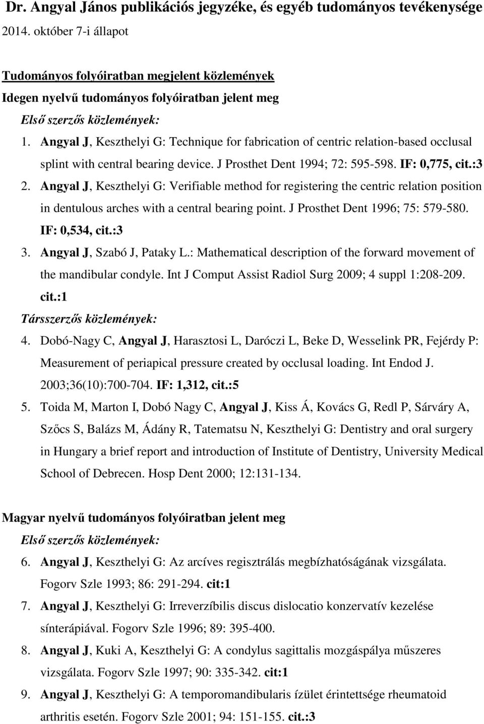 Angyal J, Keszthelyi G: Technique for fabrication of centric relation-based occlusal splint with central bearing device. J Prosthet Dent 1994; 72: 595-598. IF: 0,775, cit.:3 2.