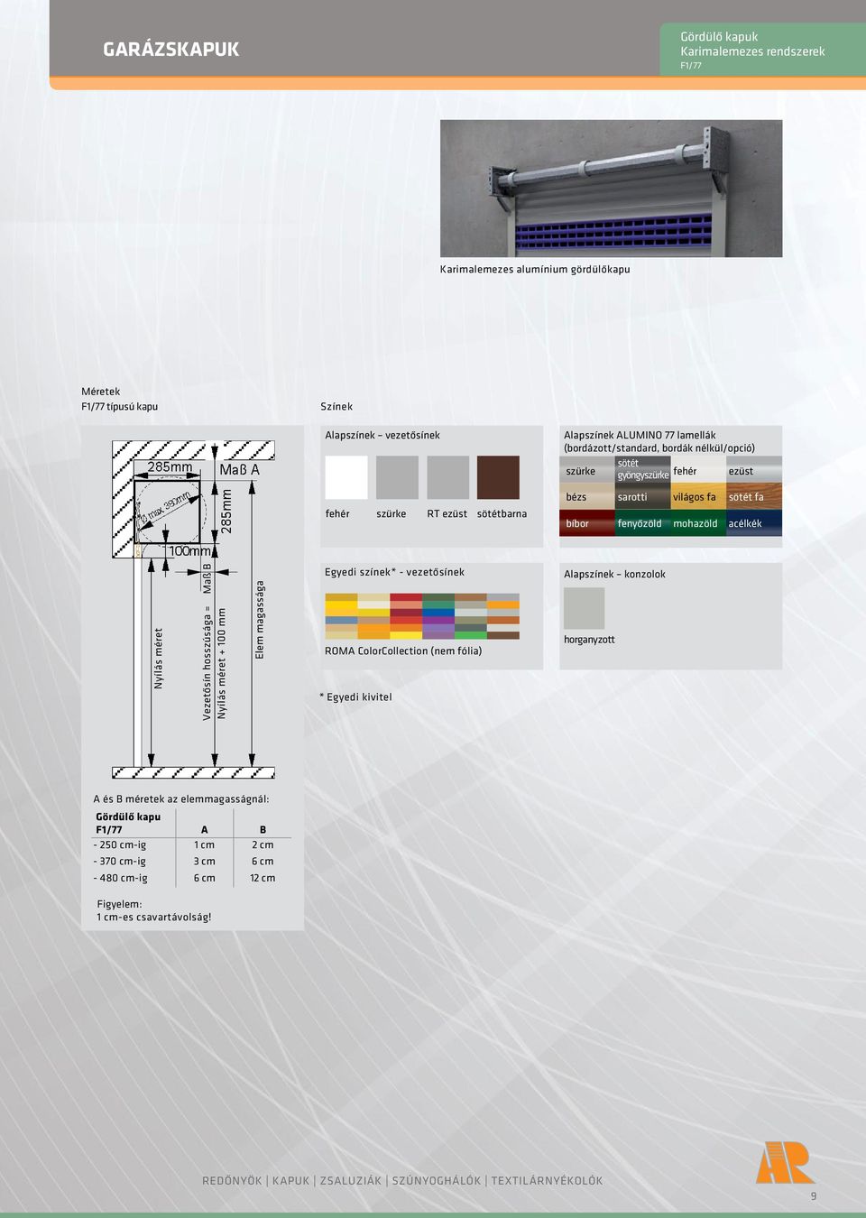 méret Maß B Vezetősín hosszúsága = Nyílás méret 100 mm Elem magassága Egyedi színek* - vezetősínek ROMA ColorCollection (nem fólia) * Egyedi kivitel Alapszínek konzolok horganyzott A és B