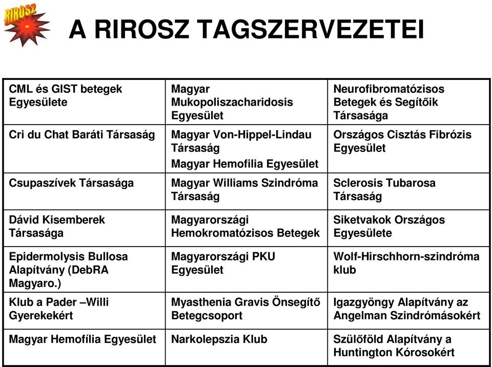 Társaság Magyarországi Hemokromatózisos Betegek Magyarországi PKU Egyesület Myasthenia Gravis Önsegítı Betegcsoport Narkolepszia Klub Neurofibromatózisos Betegek és Segítıik Társasága Országos