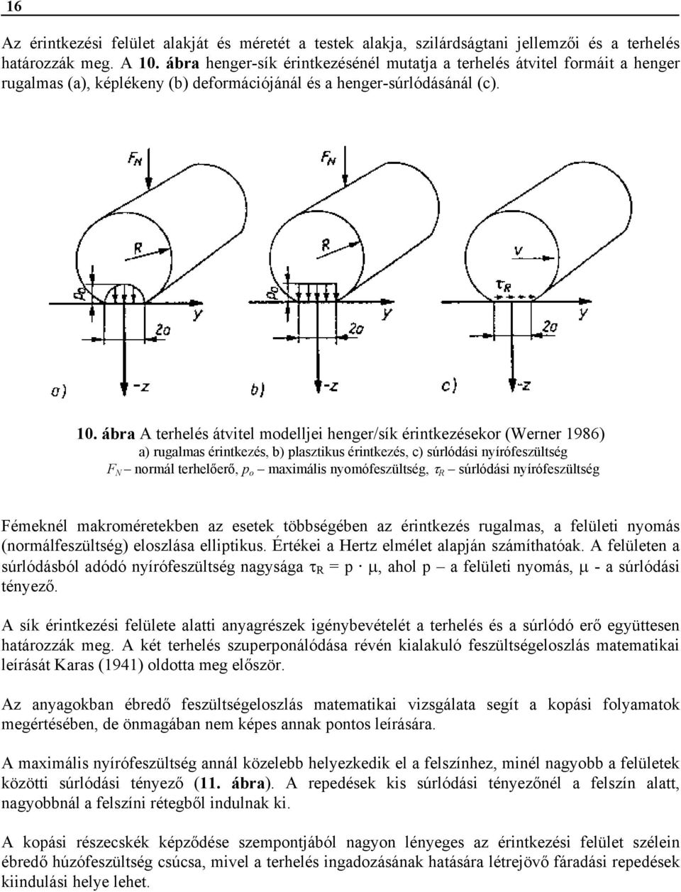 ábra A terhelés átvitel modelljei henger/sík érintkezésekor (Werner 1986) a) rugalmas érintkezés, b) plasztikus érintkezés, c) súrlódási nyírófeszültség F N normál terhelőerő, p o maximális