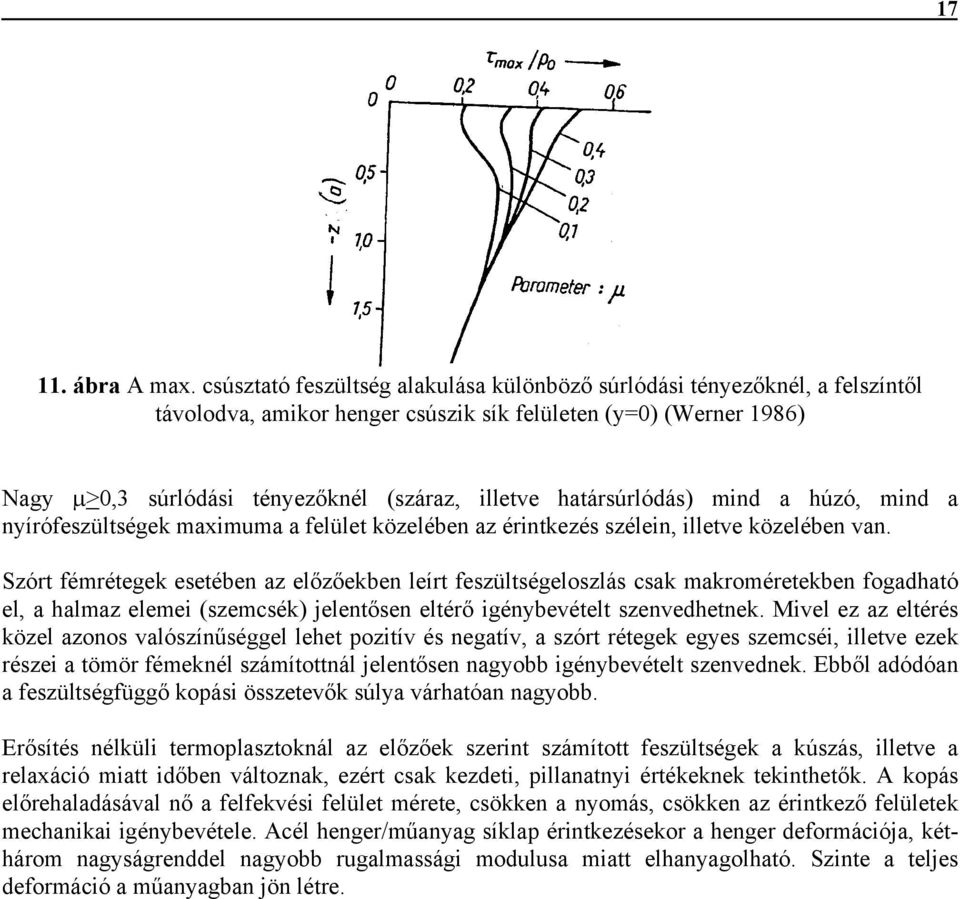 határsúrlódás) mind a húzó, mind a nyírófeszültségek maximuma a felület közelében az érintkezés szélein, illetve közelében van.