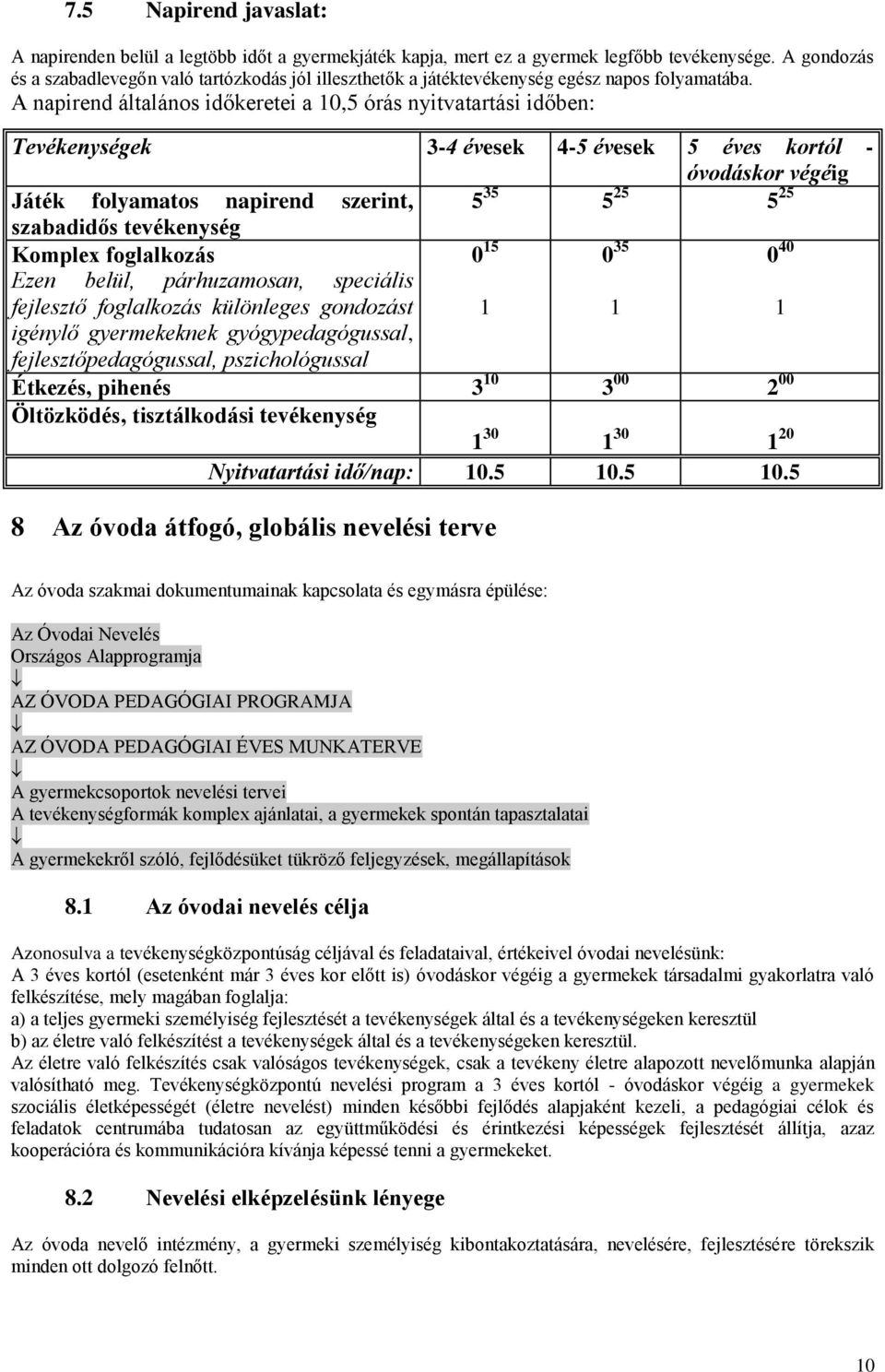 A napirend általános időkeretei a 10,5 órás nyitvatartási időben: Tevékenységek 3-4 évesek 4-5 évesek 5 éves kortól - óvodáskor végéig Játék folyamatos napirend szerint, 5 35 5 25 5 25 szabadidős