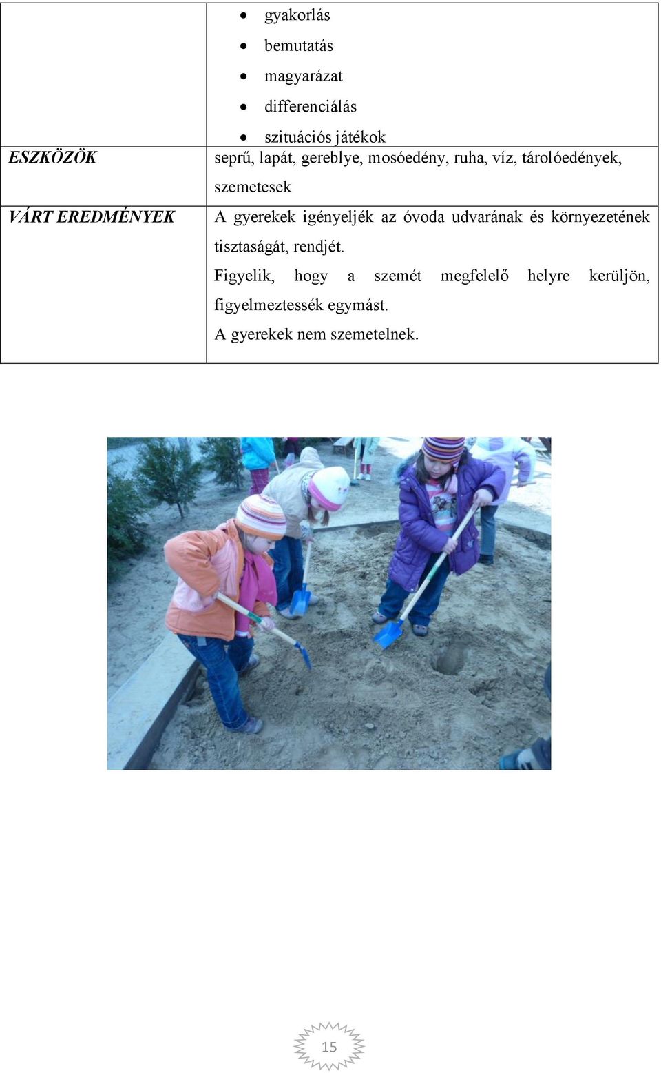 gyerekek igényeljék az óvoda udvarának és környezetének tisztaságát, rendjét.