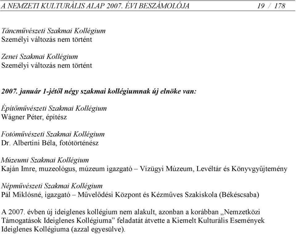 Albertini Béla, fotótörténész Múzeumi Szakmai Kollégium Kaján Imre, muzeológus, múzeum igazgató Vízügyi Múzeum, Levéltár és Könyvgyűjtemény Népművészeti Szakmai Kollégium Pál Miklósné, igazgató