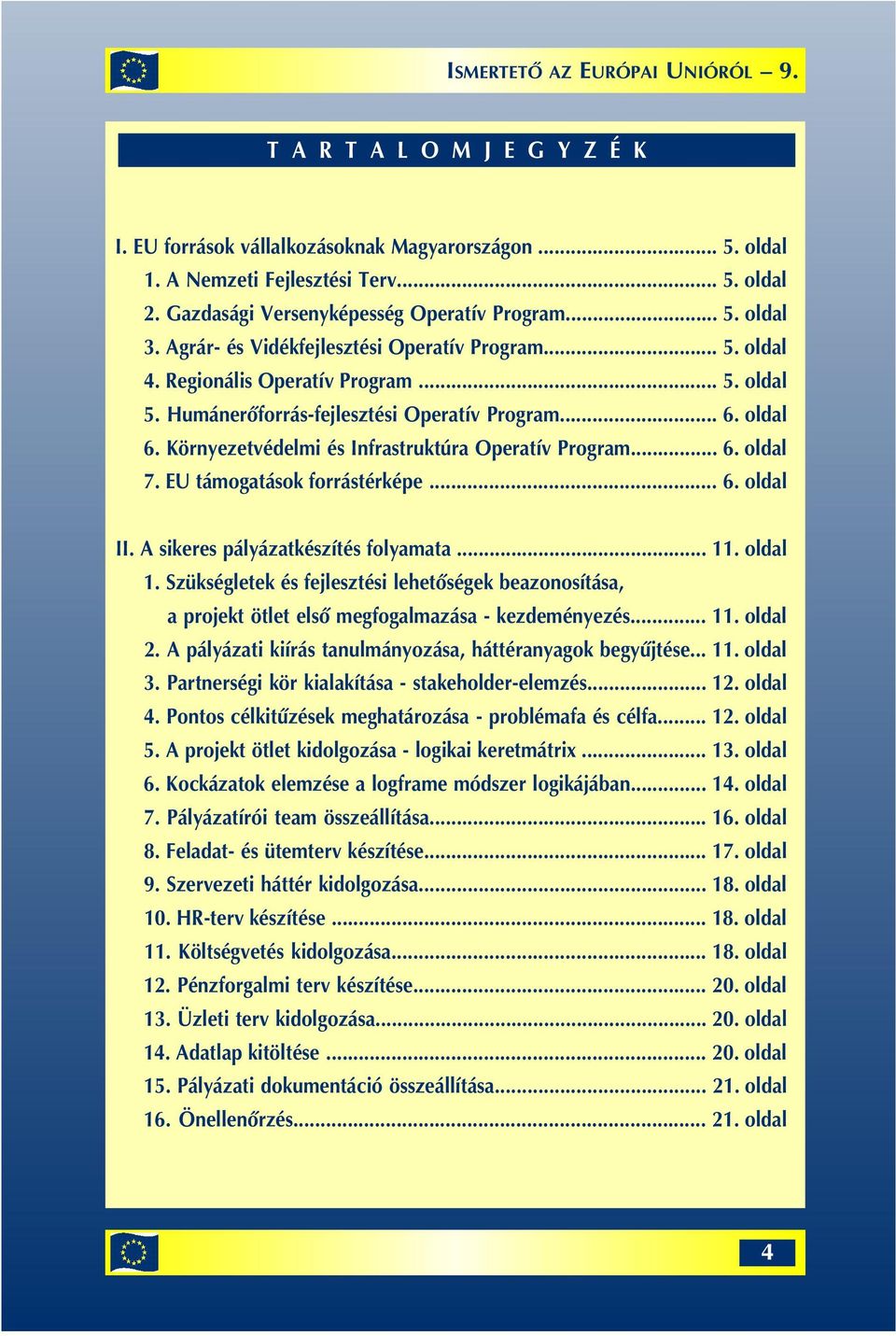 Környezetvédelmi és Infrastruktúra Operatív Program... 6. oldal 7. EU támogatások forrástérképe... 6. oldal II. A sikeres pályázatkészítés folyamata... 11. oldal 1.