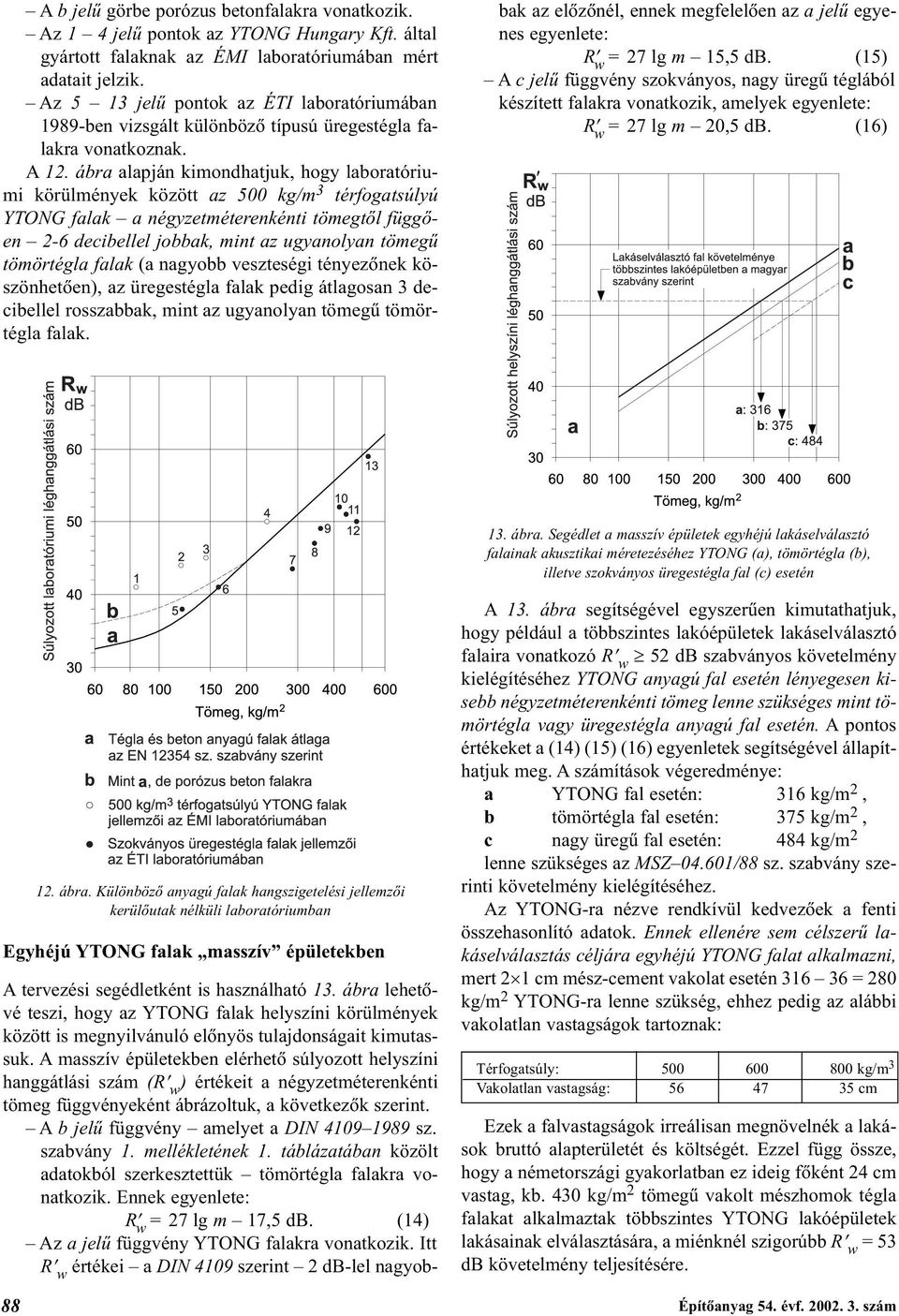 ábra alapján kimondhatjuk, hogy laboratóriumi körülmények között az 500 kg/m 3 térfogatsúlyú YTONG falak a négyzetméterenkénti tömegtõl függõen 2-6 decibellel jobbak, mint az ugyanolyan tömegû