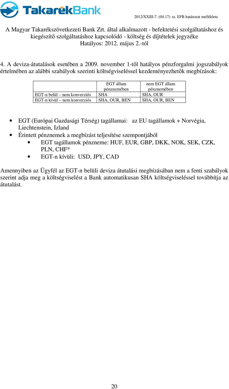 belül nem konverziós SHA SHA, OUR EGT-n kívül nem konverziós SHA, OUR, BEN SHA, OUR, BEN EGT (Európai Gazdasági Térség) tagállamai: az EU tagállamok + Norvégia, Liechtenstein, Izland