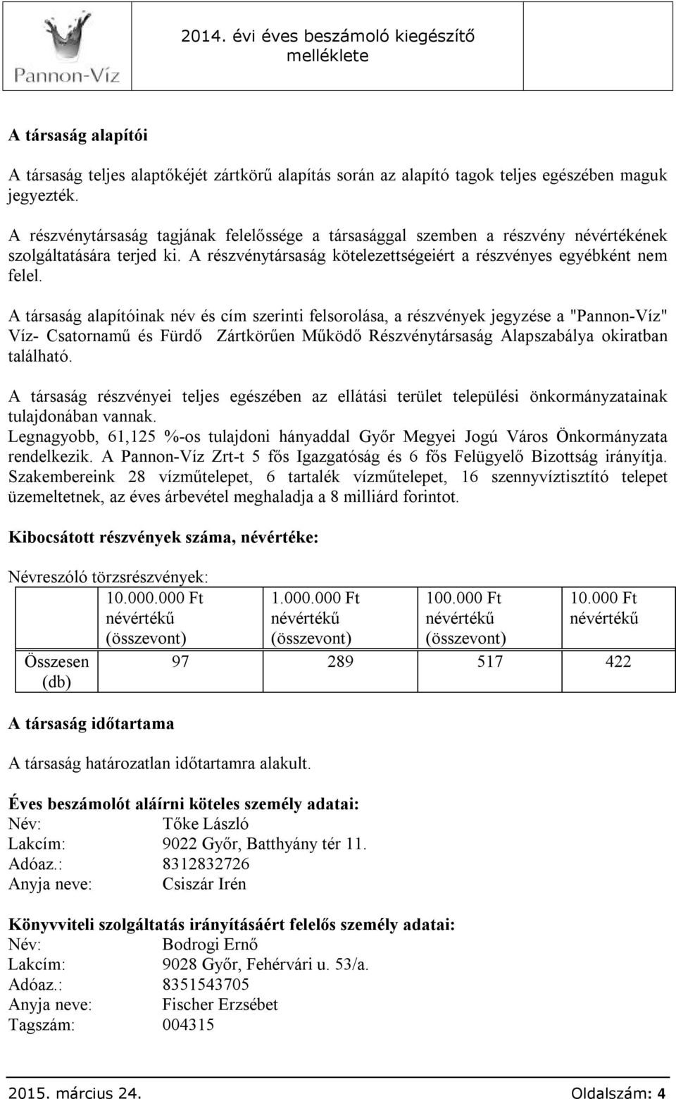 A társaság alapítóinak név és cím szerinti felsorolása, a részvények jegyzése a "Pannon-Víz" Víz- Csatornamű és Fürdő Zártkörűen Működő Részvénytársaság Alapszabálya okiratban található.