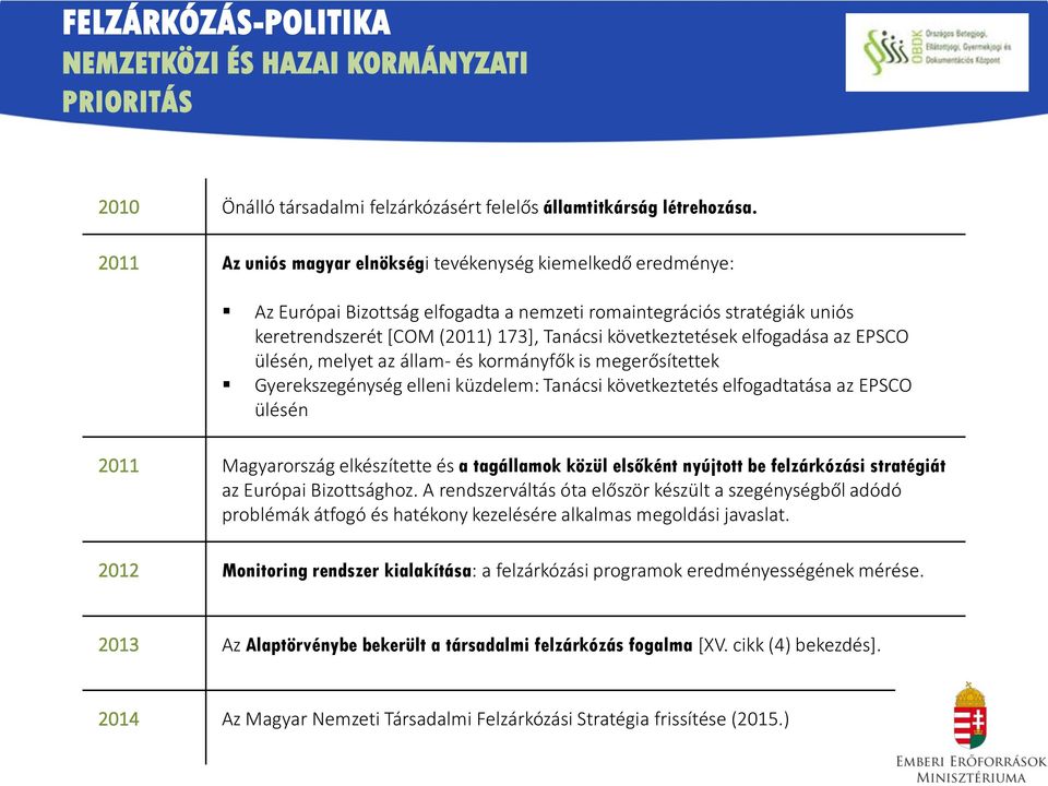 elfogadása az EPSCO ülésén, melyet az állam- és kormányfők is megerősítettek Gyerekszegénység elleni küzdelem: Tanácsi következtetés elfogadtatása az EPSCO ülésén 2011 Magyarország elkészítette és a