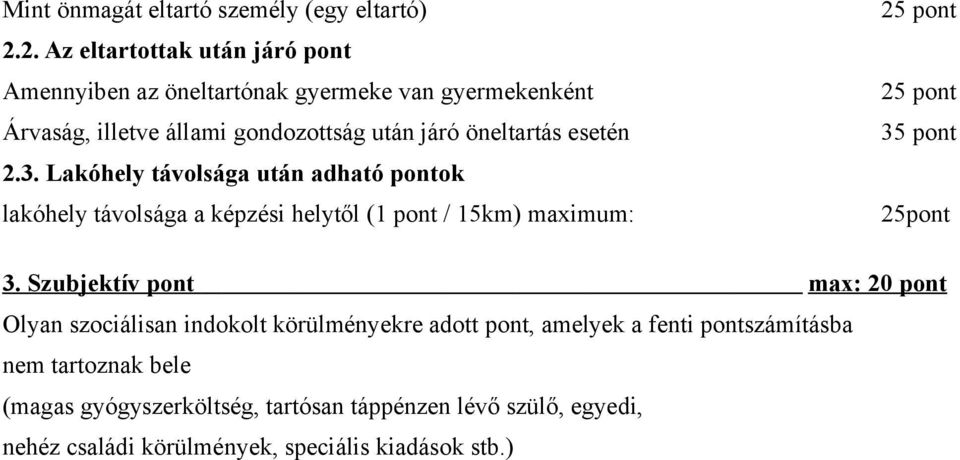 esetén 2.3. Lakóhely távolsága után adható pontok lakóhely távolsága a képzési helytől (1 pont / 15km) maximum: 25 pont 25 pont 35 pont 25pont 3.