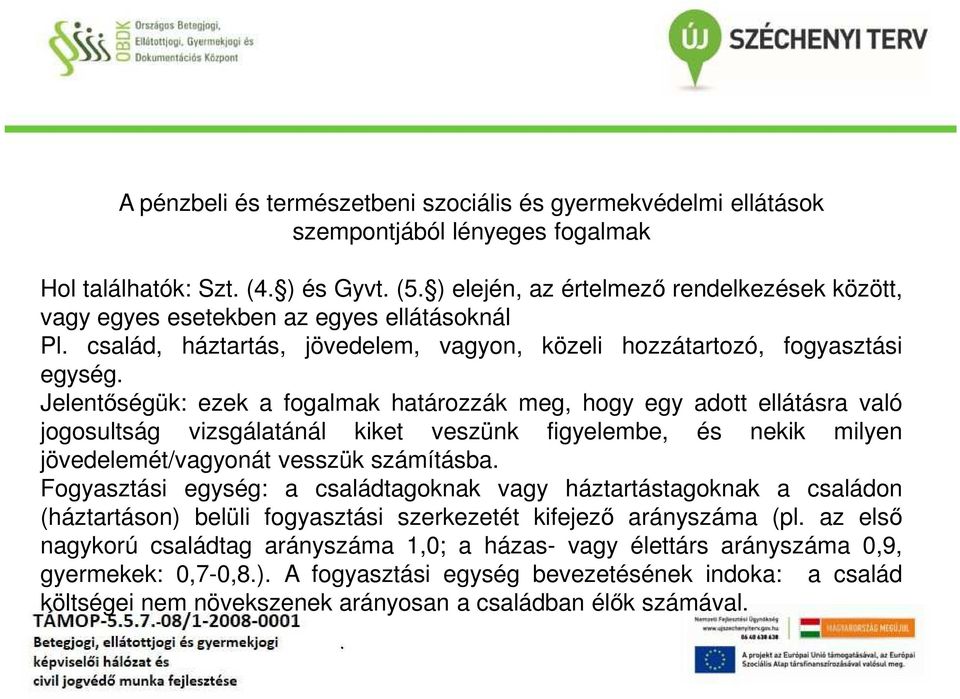 vizsgálatánál kiket veszünk figyelembe, és nekik milyen jövedelemét/vagyonát vesszük számításba Fogyasztási egység: a családtagoknak vagy háztartástagoknak a családon (háztartáson) belüli fogyasztási