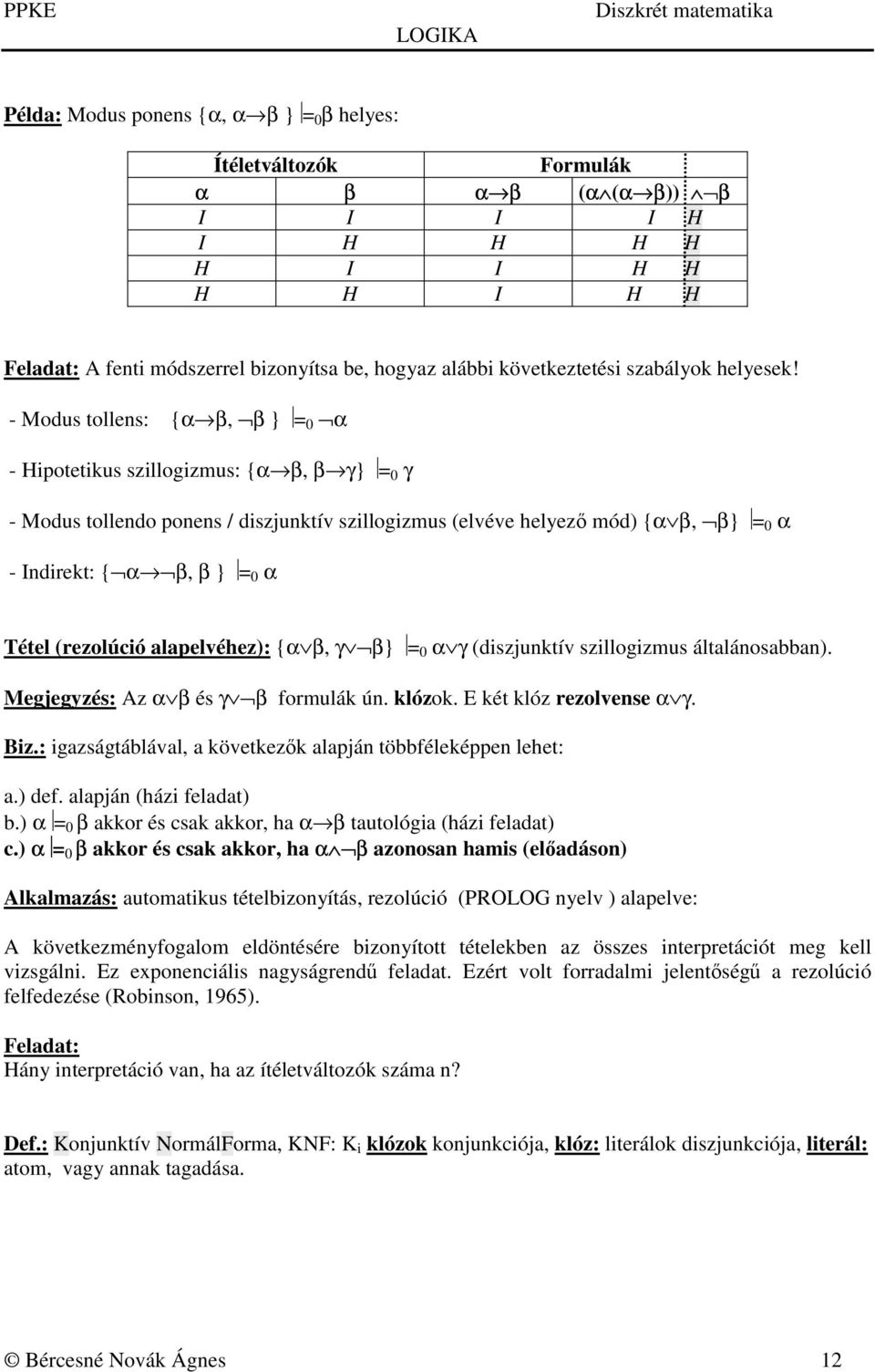 - Modus tollens: {α β, β } = 0 α - Hipotetikus szillogizmus: {α β, β γ} = 0 γ - Modus tollendo ponens / diszjunktív szillogizmus (elvéve helyező mód) {α β, β} = 0 α - Indirekt: { α β, β } = 0 α Tétel