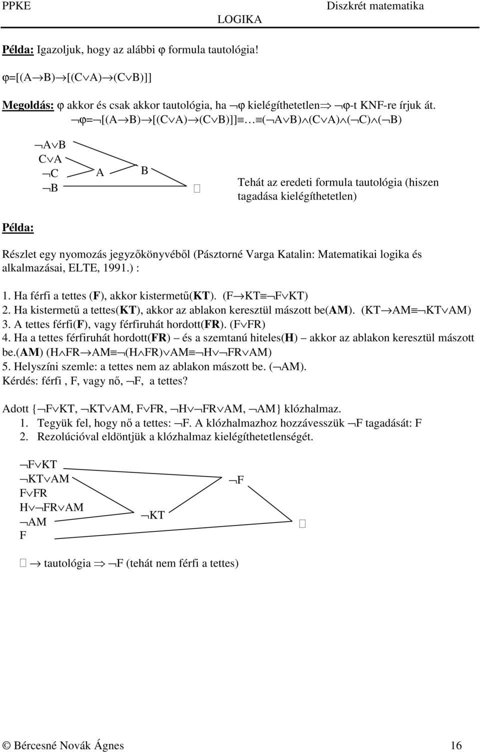 Katalin: Matematikai logika és alkalmazásai, ELTE, 1991.) : 1. Ha férfi a tettes (F), akkor kistermetű(kt). (F KT F KT) 2. Ha kistermetű a tettes(kt), akkor az ablakon keresztül mászott be(am).