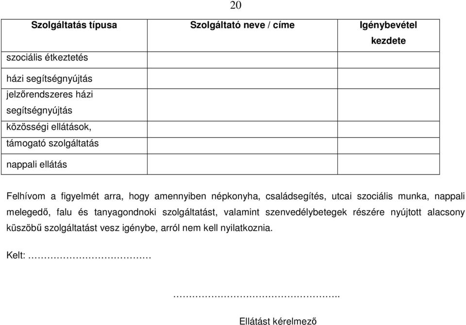 amennyiben népkonyha, családsegítés, utcai szociális munka, nappali melegedő, falu és tanyagondnoki szolgáltatást, valamint