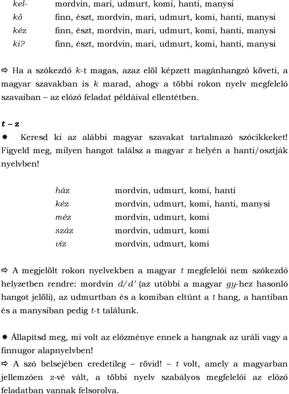 hanti, manysi Ha a szókezdő k-t magas, azaz elöl képzett magánhangzó követi, a magyar szavakban is k marad, ahogy a többi rokon nyelv megfelelő szavaiban az előző feladat példáival ellentétben.