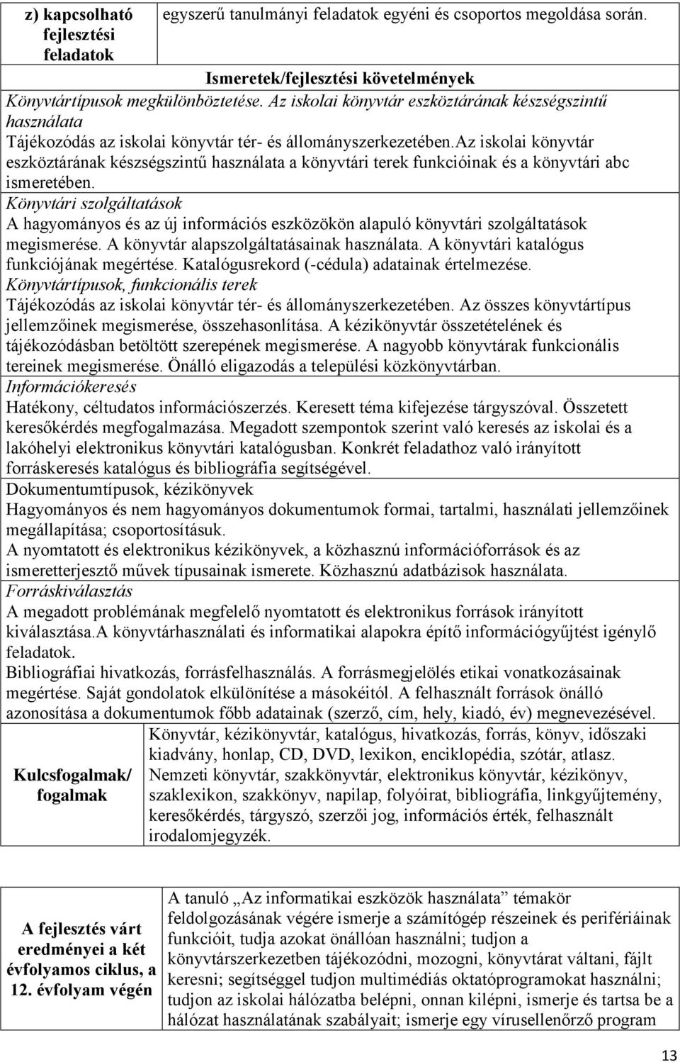 az iskolai könyvtár eszköztárának készségszintű használata a könyvtári terek funkcióinak és a könyvtári abc ismeretében.