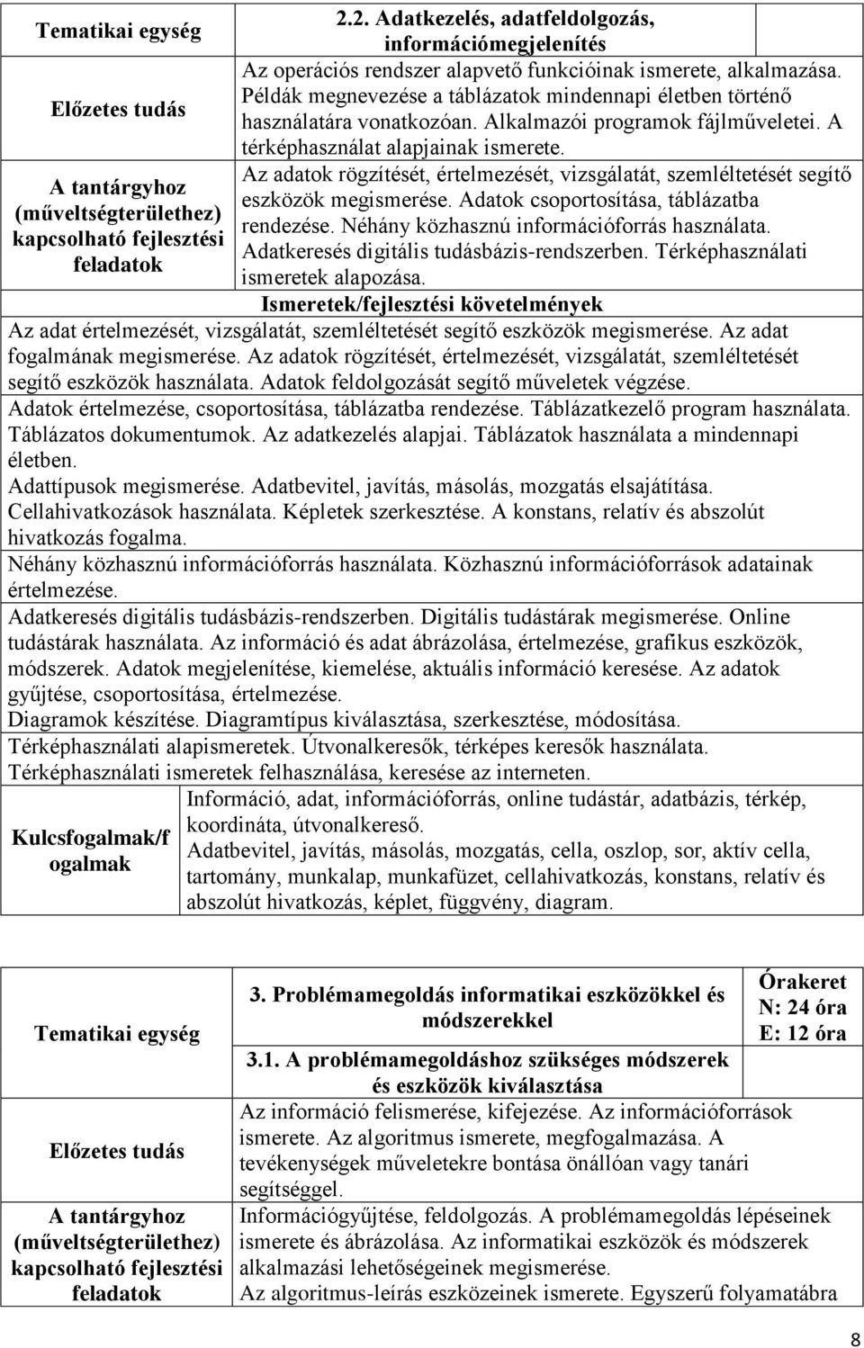 Az adatok rögzítését, értelmezését, vizsgálatát, szemléltetését segítő eszközök megismerése. Adatok csoportosítása, táblázatba rendezése. Néhány közhasznú információforrás használata.