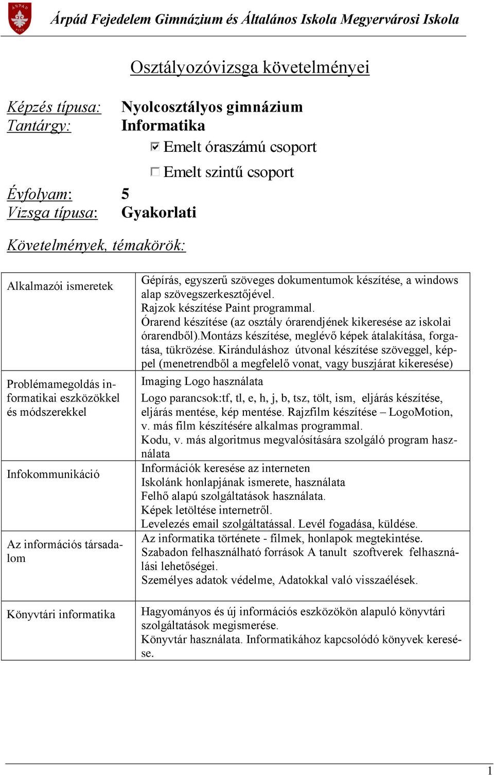 készítése, a windows alap szövegszerkesztőjével. Rajzok készítése Paint programmal. Órarend készítése (az osztály órarendjének kikeresése az iskolai órarendből).