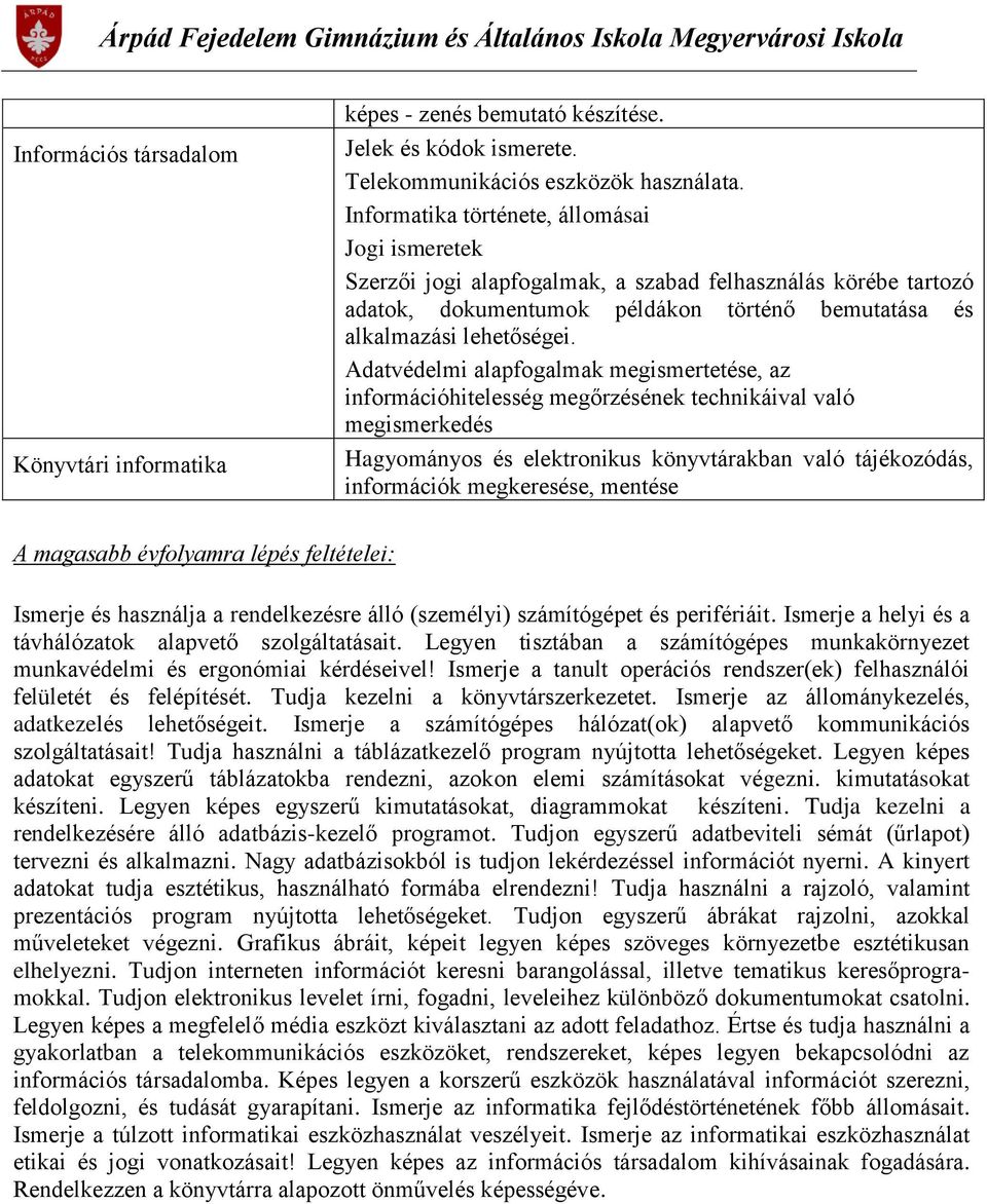 Adatvédelmi alapfogalmak megismertetése, az információhitelesség megőrzésének technikáival való megismerkedés Hagyományos és elektronikus könyvtárakban való tájékozódás, információk megkeresése,