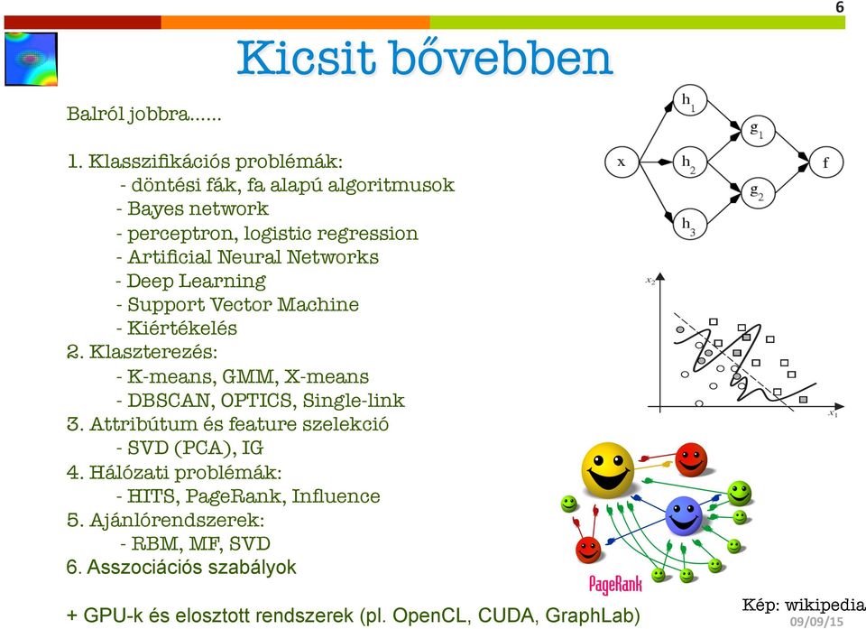 Networks - Deep Learning - Support Vector Machine - Kiértékelés 2. Klaszterezés: - K-means, GMM, X-means - DBSCAN, OPTICS, Single-link 3.