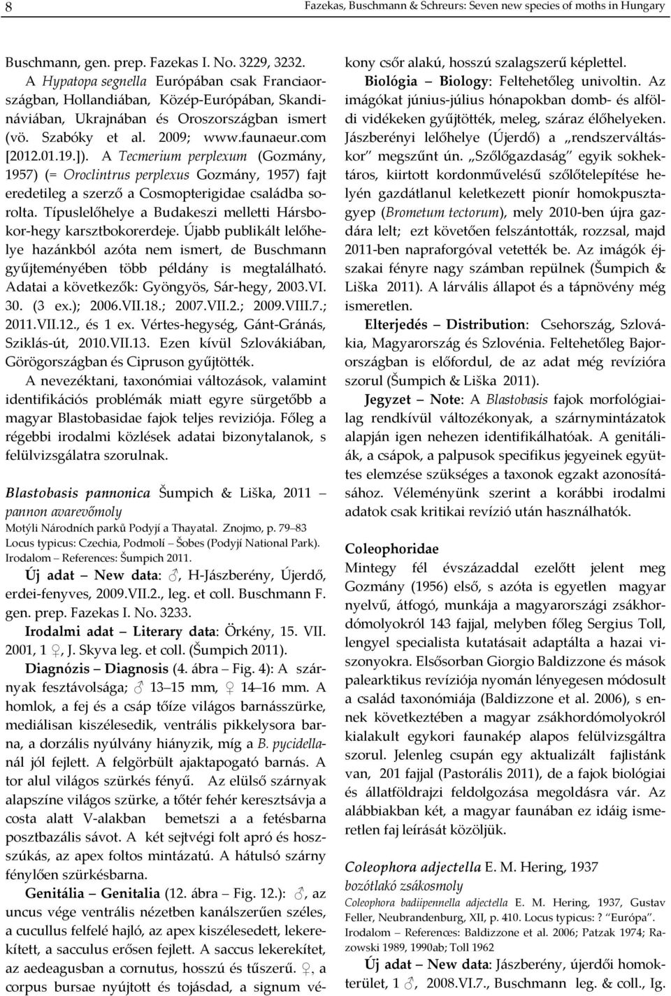 A Tecmerium perplexum (Gozmány, 1957) (= Oroclintrus perplexus Gozmány, 1957) fajt eredetileg a szerző a Cosmopterigidae családba sorolta.