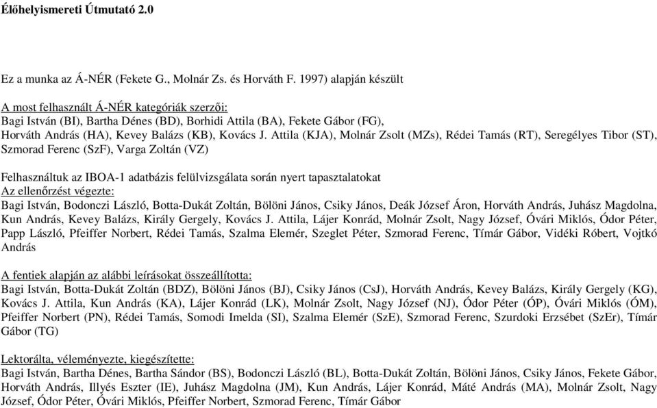 Attila (KJA), Molnár Zsolt (MZs), Rédei Tamás (RT), Seregélyes Tibor (ST), Szmorad Ferenc (SzF), Varga Zoltán (VZ) Felhasználtuk az IBOA-1 adatbázis felülvizsgálata során nyert tapasztalatokat Az