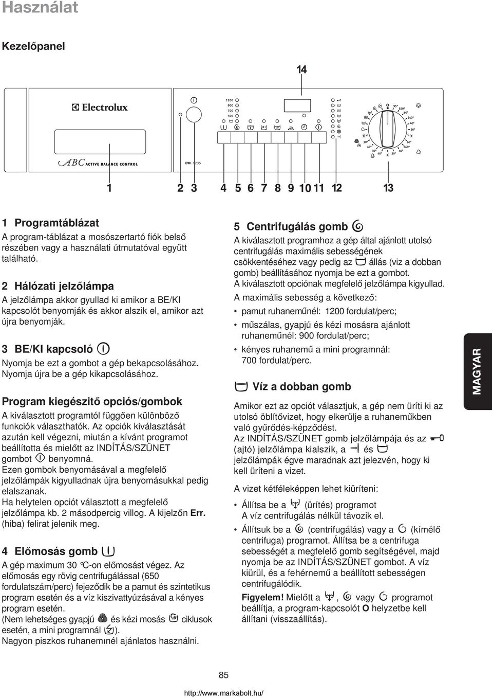 Nyomja újra be a gép kikapcsolásához. Program kiegészito opciós/gombok A kiválasztott programtól függoen különbözo funkciók választhatók.