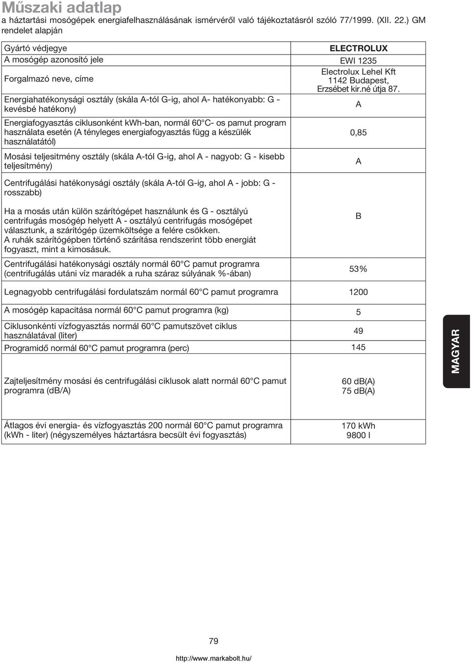 ciklusonként kwh-ban, normál 60 C- os pamut program használata esetén (A tényleges energiafogyasztás függ a készülék használatától) Mosási teljesitmény osztály (skála A-tól G-ig, ahol A - nagyob: G -