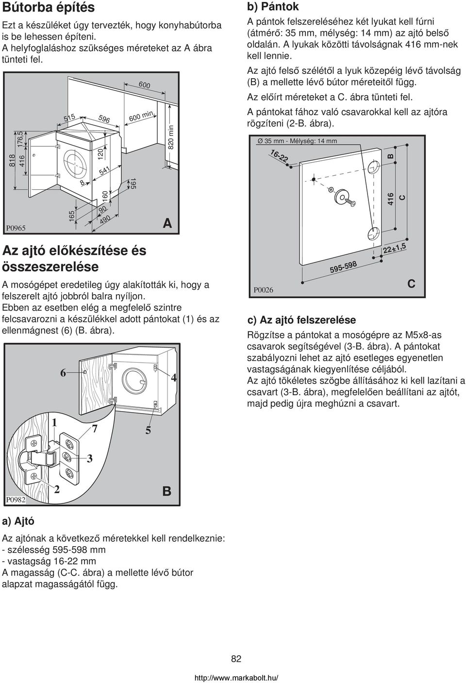 Az ajtó felso szélétol a lyuk közepéig lévo távolság (B) a mellette lévo bútor méreteitol függ. Az eloírt méreteket a C. ábra tünteti fel.