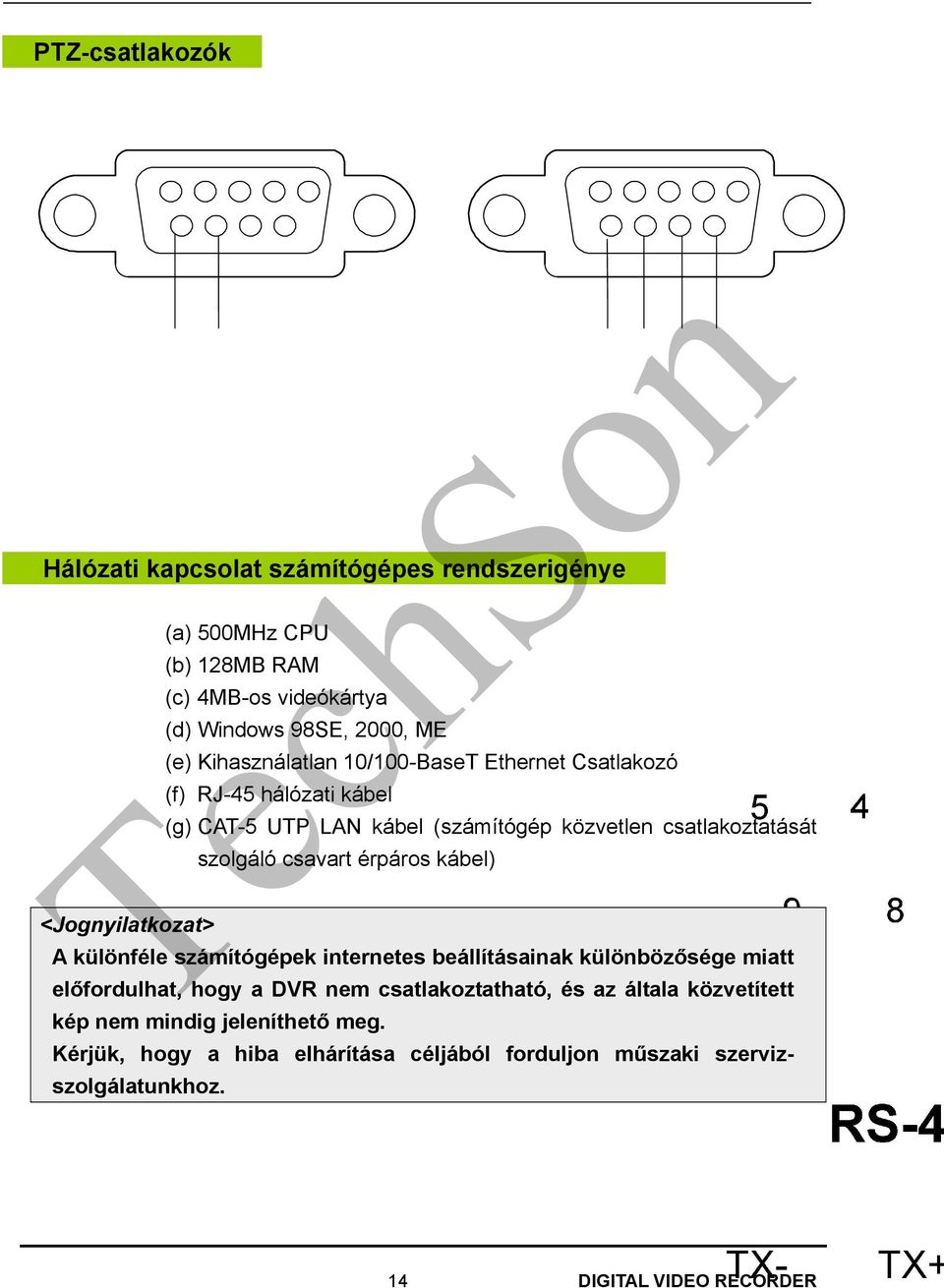 szolgáló csavart érpáros kábel) A különféle számítógépek internetes beállításainak különbözősége miatt előfordulhat, hogy a DVR nem csatlakoztatható, és