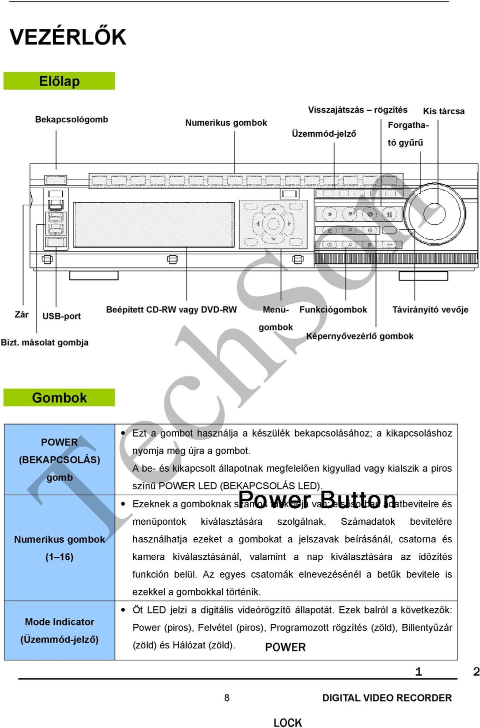 Menü- gombok A be- és kikapcsolt állapotnak megfelelően kigyullad vagy kialszik a piros színű POWER LED (BEKAPCSOLÁS LED).