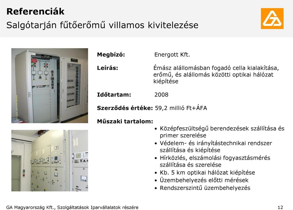 Ipari park 6226/22,6225/32,6225 energiaellátása Műszaki tartalom: Középfeszültségű berendezések szállítása és primer szerelése Védelem- és irányítástechnikai