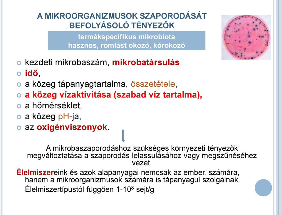 oxigénviszonyok. A mikrobaszaporodáshoz szükséges környezeti tényezők megváltoztatása a szaporodás lelassulásához vagy megszűnéséhez vezet.