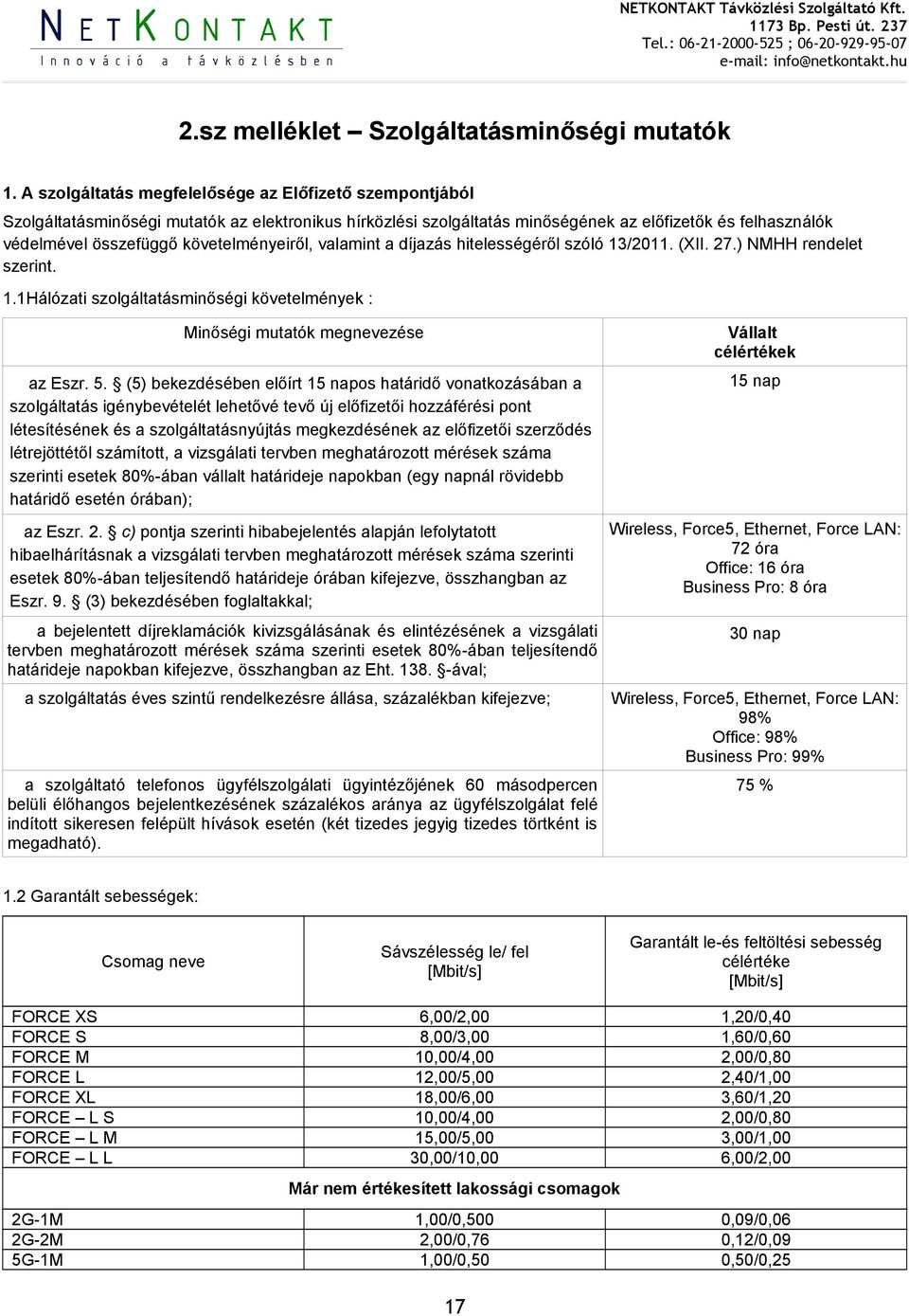 követelményeiről, valamint a díjazás hitelességéről szóló 13/2011. (XII. 27.) NMHH rendelet szerint. 1.1Hálózati szolgáltatásminőségi követelmények : Minőségi mutatók megnevezése az Eszr. 5.