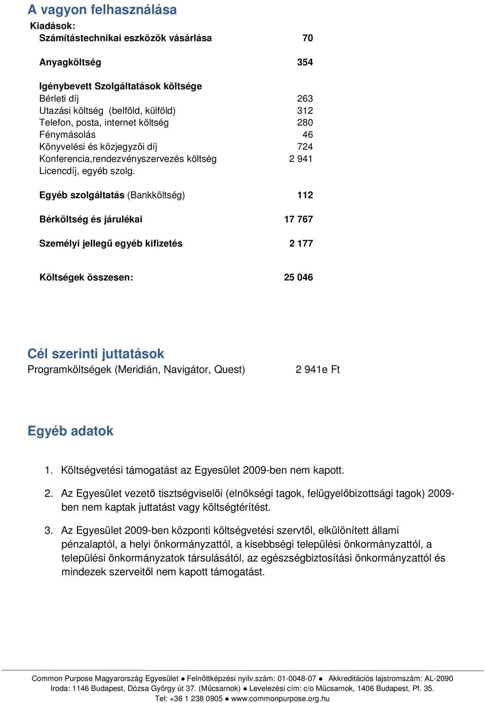 Egyéb szolgáltatás (Bankköltség) 112 Bérköltség és járulékai 17 767 Személyi jellegű egyéb kifizetés 2 177 Költségek összesen: 25 046 Cél szerinti juttatások Programköltségek (Meridián, Navigátor,