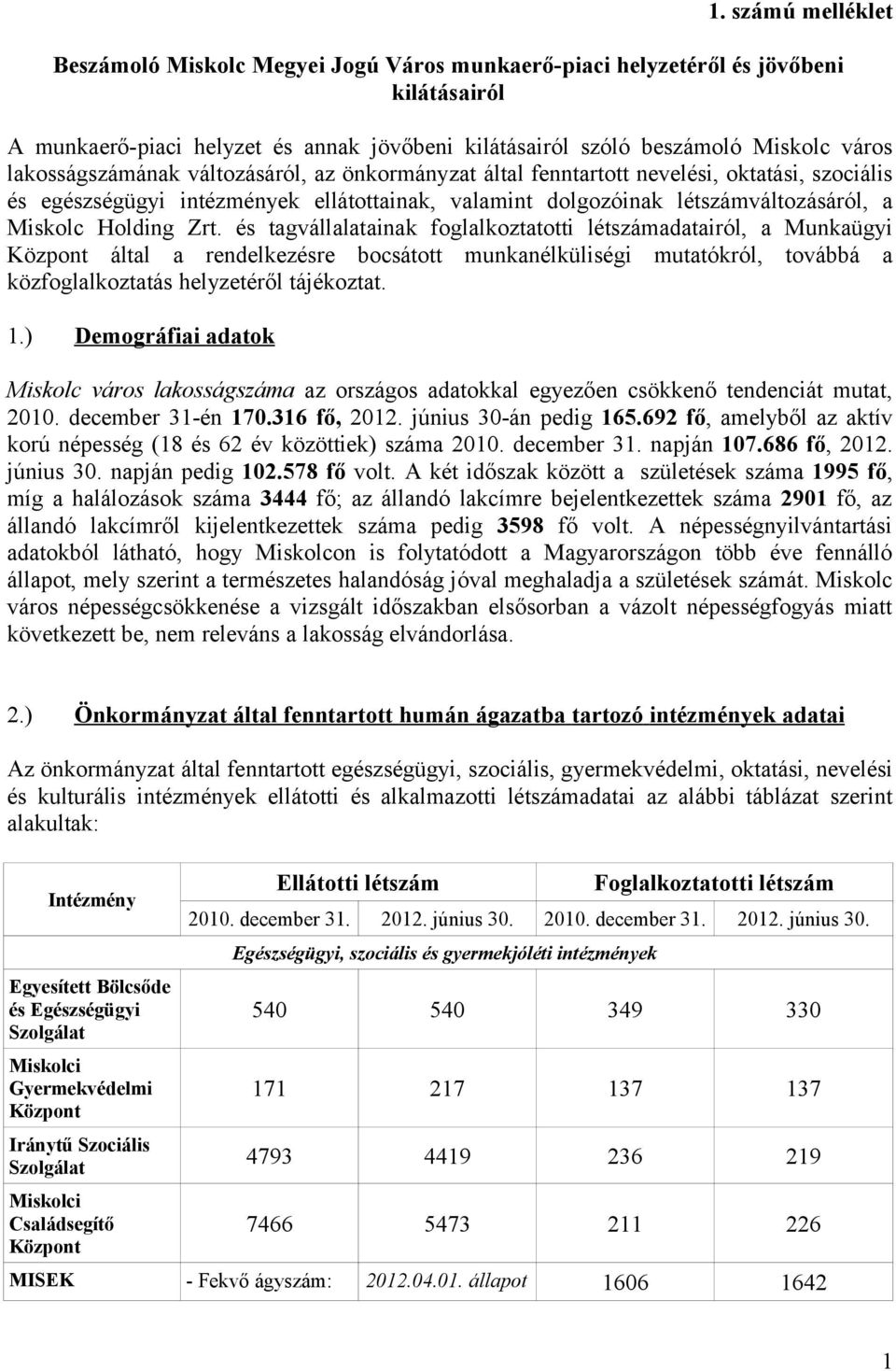 Zrt. és tagvállalatainak foglalkoztatotti létszámadatairól, a Munkaügyi által a rendelkezésre bocsátott munkanélküliségi mutatókról, továbbá a közfoglalkoztatás helyzetéről tájékoztat. 1.