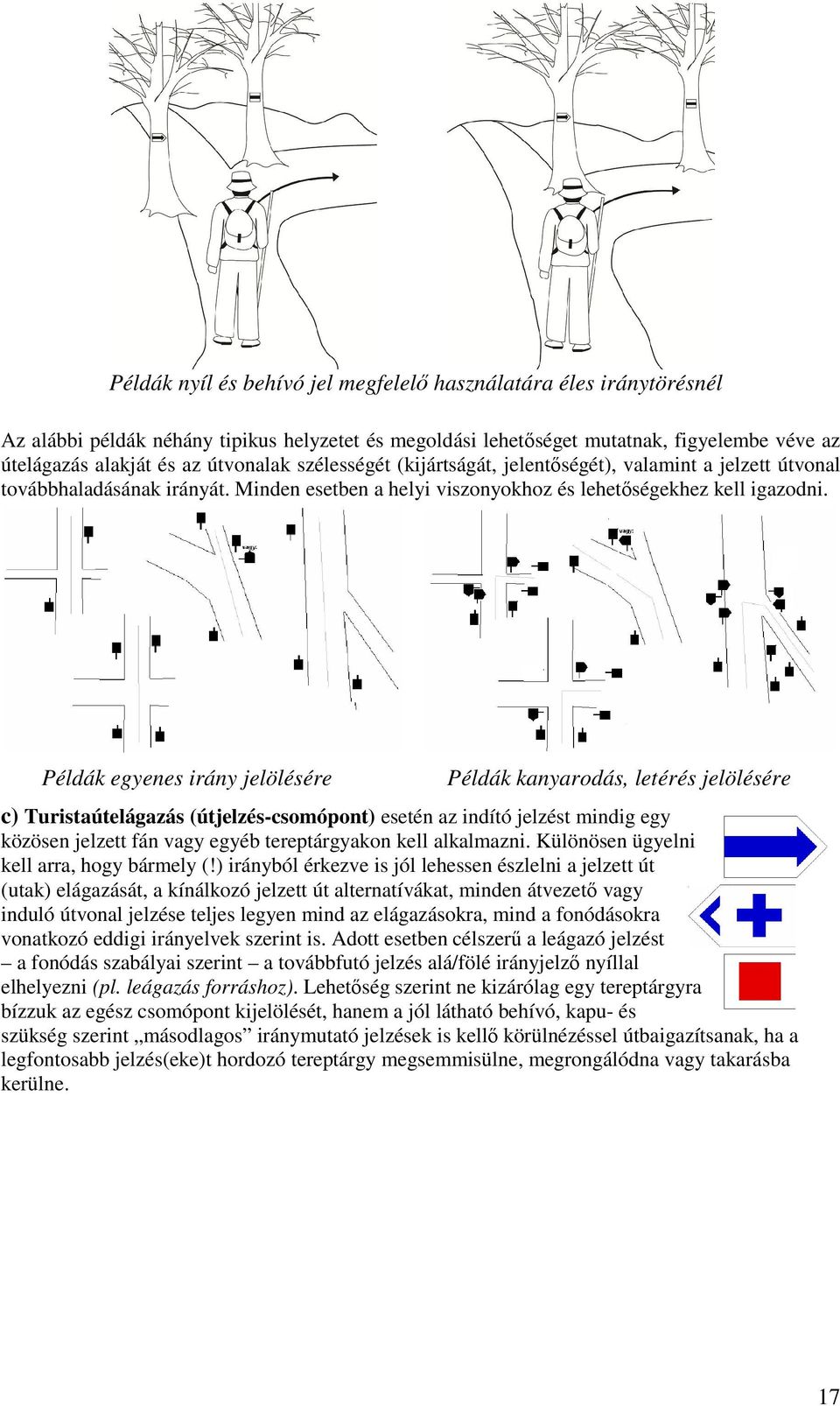 Példák egyenes irány jelölésére Példák kanyarodás, letérés jelölésére c) Turistaútelágazás (útjelzés-csomópont) esetén az indító jelzést mindig egy közösen jelzett fán vagy egyéb tereptárgyakon kell