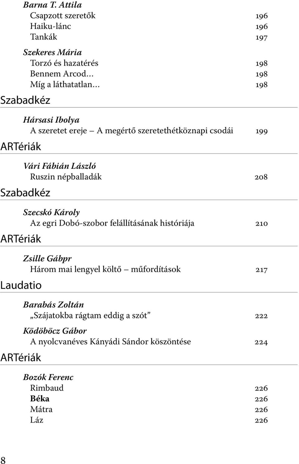 ARTériák Hársasi Ibolya A szeretet ereje A megértő szeretethétköznapi csodái 199 Vári Fábián László Ruszin népballadák 208 Szabadkéz ARTériák