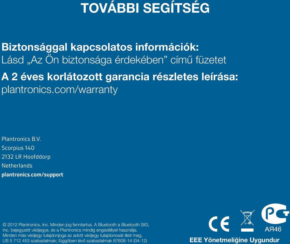 Minden jog fenntartva. A Bluetooth a Bluetooth SIG, Inc. bejegyzett védjegye, és a Plantronics mindig engedéllyel használja.