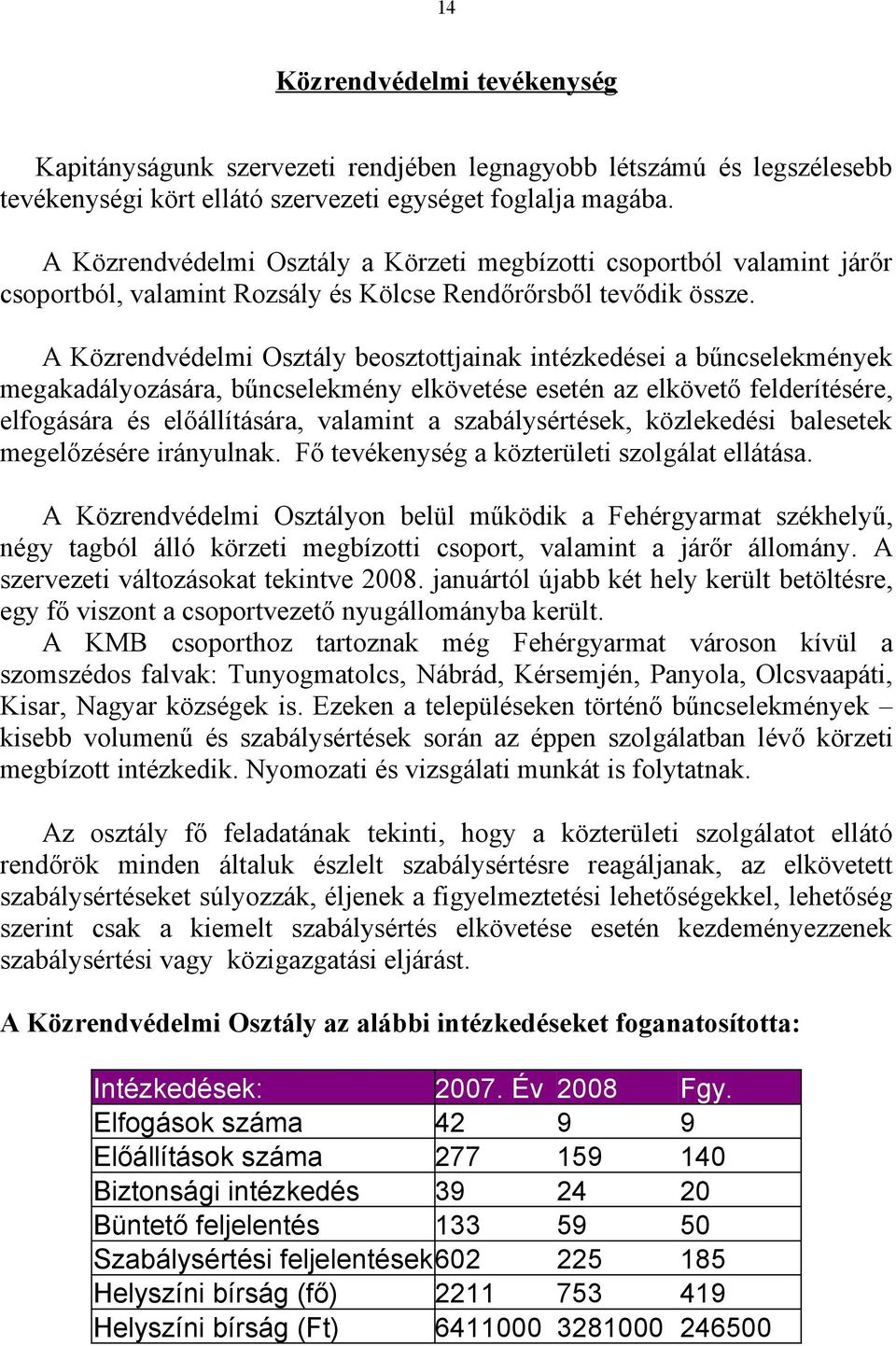 A Közrendvédelmi Osztály beosztottjainak intézkedései a bűncselekmények megakadályozására, bűncselekmény elkövetése esetén az elkövető felderítésére, elfogására és előállítására, valamint a