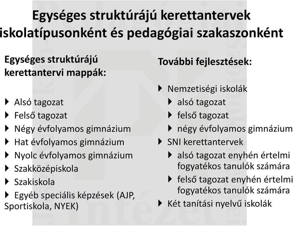 képzések (AJP, Sportiskola, NYEK) További fejlesztések: Nemzetiségi iskolák alsó tagozat felső tagozat négy évfolyamos gimnázium SNI