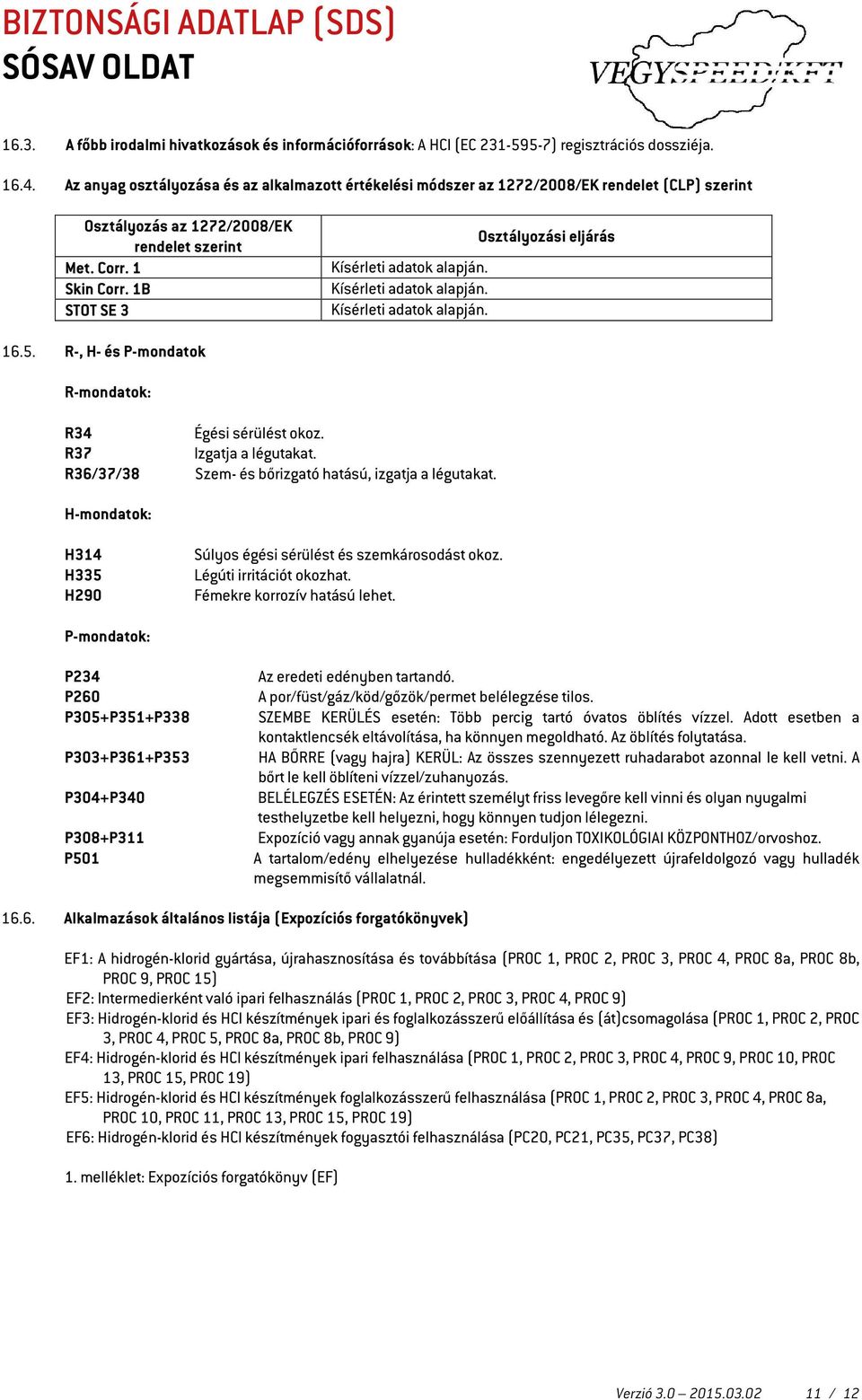 1B STOT SE 3 Osztályozási eljárás Kísérleti adatok alapján. Kísérleti adatok alapján. Kísérleti adatok alapján. 16.5. R-, H- és P-mondatok R-mondatok: R34 R37 R36/37/38 Égési sérülést okoz.