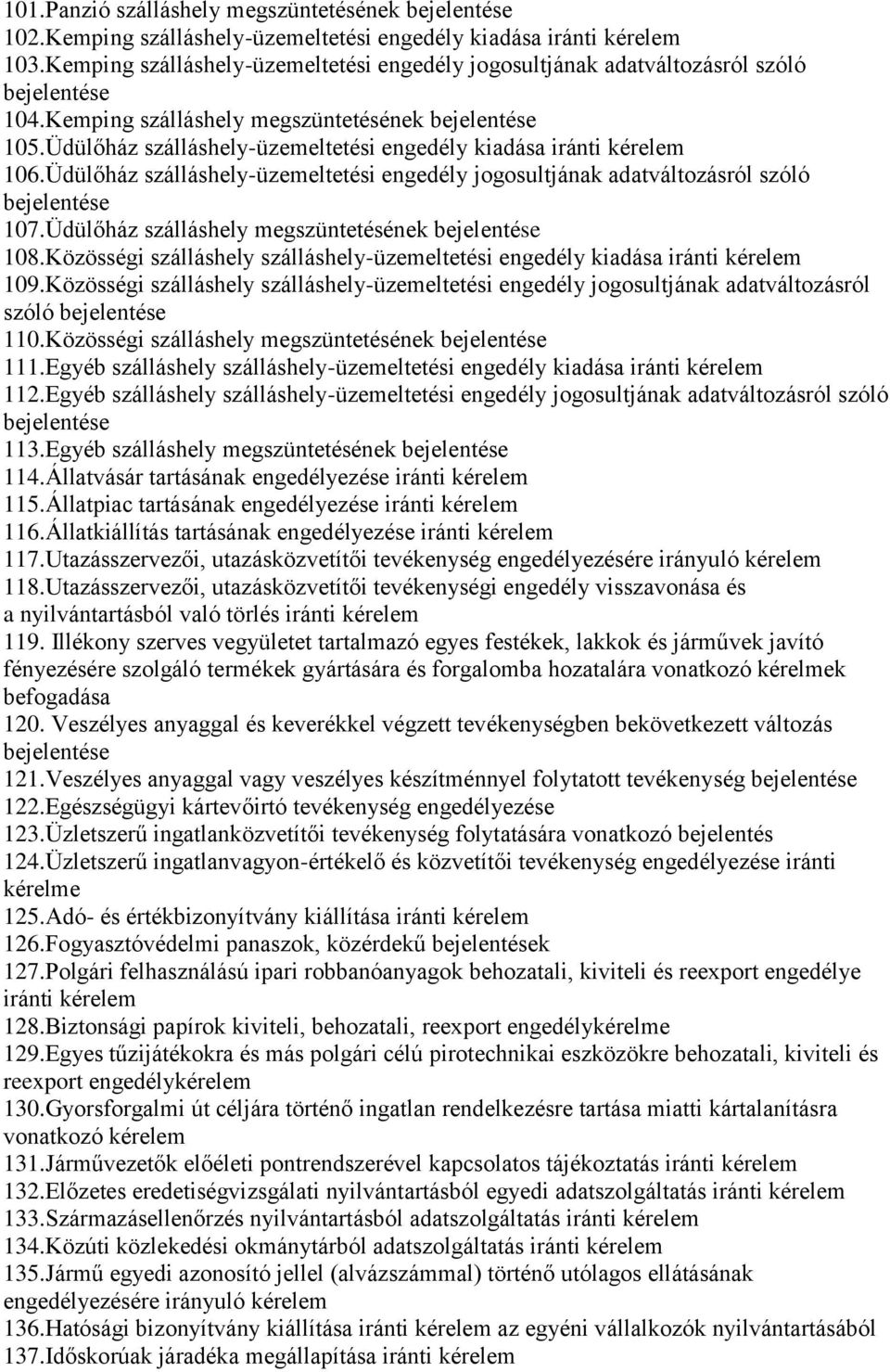 Üdülőház szálláshely-üzemeltetési engedély kiadása iránti 106.Üdülőház szálláshely-üzemeltetési engedély jogosultjának adatváltozásról szóló bejelentése 107.